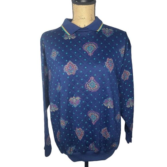 Vintage 90s Navy Boho Girlie Pullover Collared Neck Sweatshirt - Picture 1 of 10